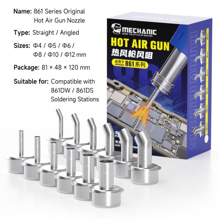 6 PCS/Pack MECHANIC 861 Series Soldering Station Hot Air Gun Nozzles, Curved Mouth, Straight Mouth