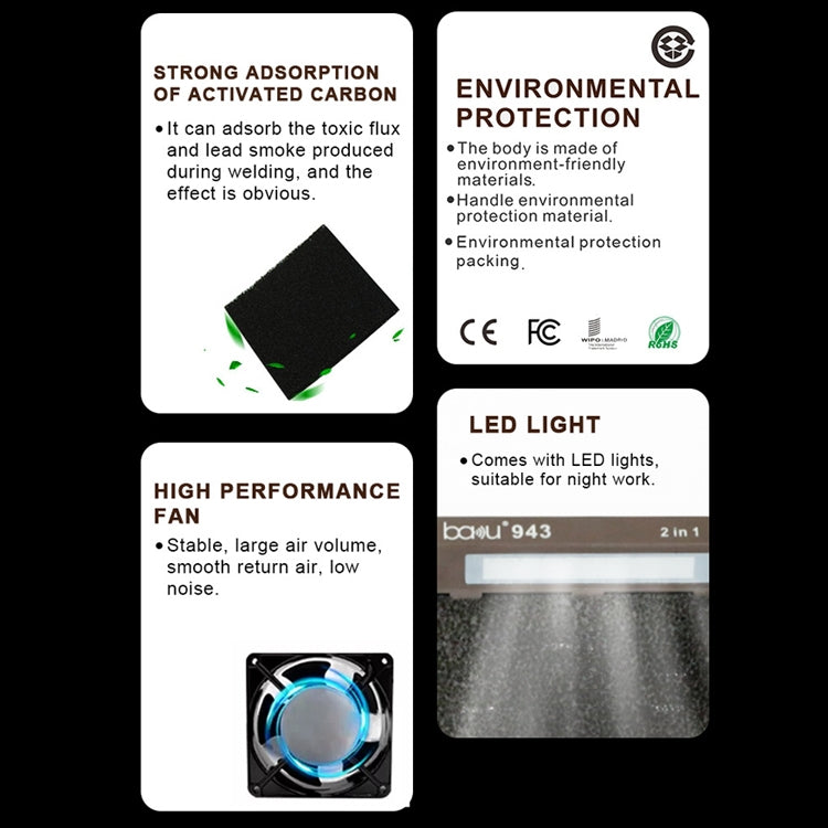 Baku BA-943 Soldering Fume Purifier with LED Light 30W Soldering Iron Welding Fume Exhauster, US Plug 110V, EU Plug 220V