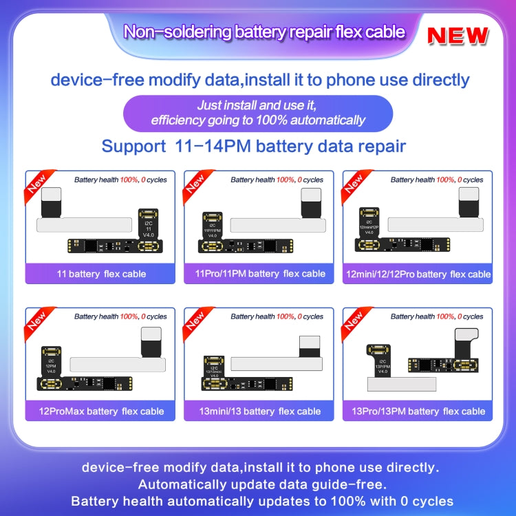 I2C External Battery Repair Cable, For iPhone 15 Pro Max / 15 Pro, For iPhone 15 / 15 Plus, For iPhone 13 Pro Max / 13 Pro, For iPhone 13 / 13 mini, For iPhone 14 / 14 Plus, For iPhone 14 Pro Max / 14 Pro, For iPhone SE 2022                            ...