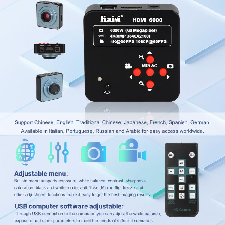 Kaisi HDMI 6000 HDMI / USB Dual Interface 60MP 4K Ultra HD Microscope Industrial Camera, US Plug, EU Plug