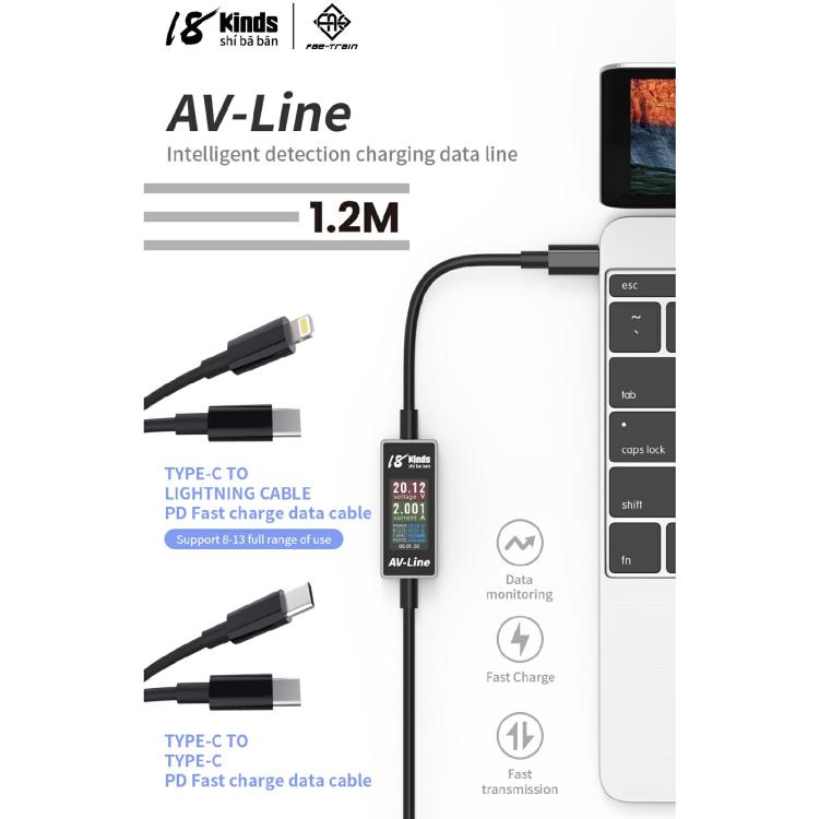 18 Kinds AV-Line Pro 1.2m Intelligent Detection Charging Data Cable, Type-C to  8 Pin, Type-C to Type-C
