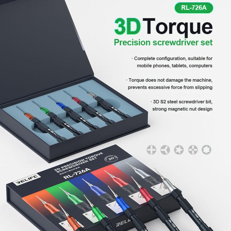 RELIFE RL-726A 5 in 1 Strong Magnetic 3D Torque Precision Screwdriver Set, RELIFE RL-726A