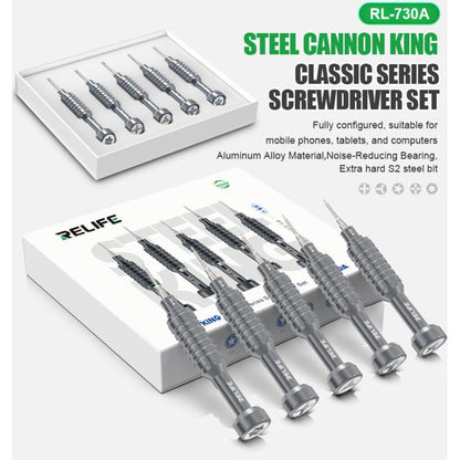 RELIFE RL-730A 5 in 1 Steel Cannon King Classic Series Aluminum Alloy Screwdriver Set, 5 in 1 Set