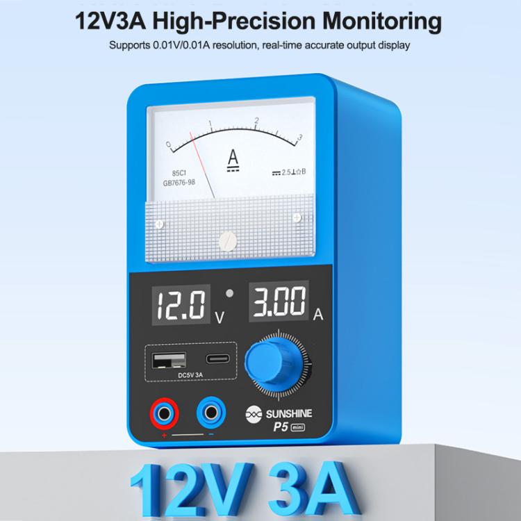 SUNSHINE P5 Mini 5V / 3A Dual Display Smart Power Supply with Pointer-type Ammeter, US Plug, EU Plug