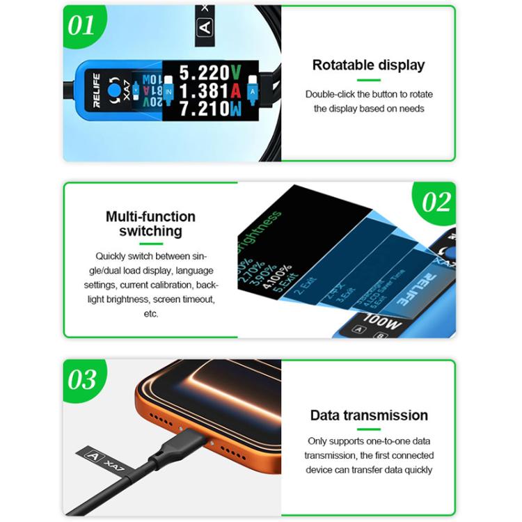 RELIFE XA7 100W Type-C Digital Display 1 to 2 Fast Charging Cable for iPhone / Android