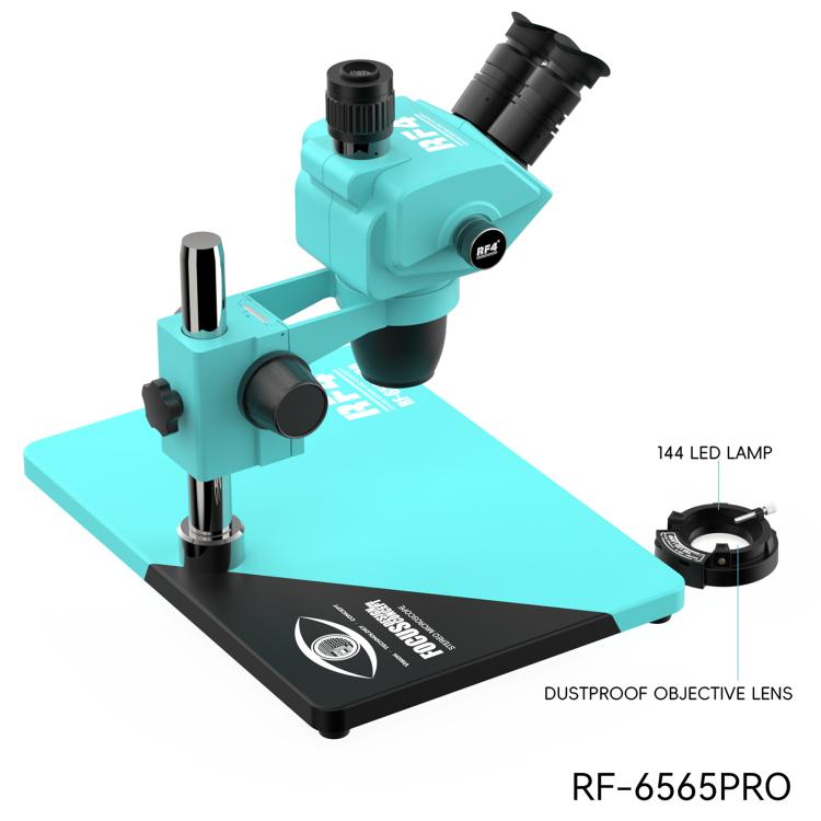 RF4 RF-6565Pro 6.5-65X Synchronous Zoom Trinocular Stereo Microscope with Aluminum Alloy Base, RF-6565Pro