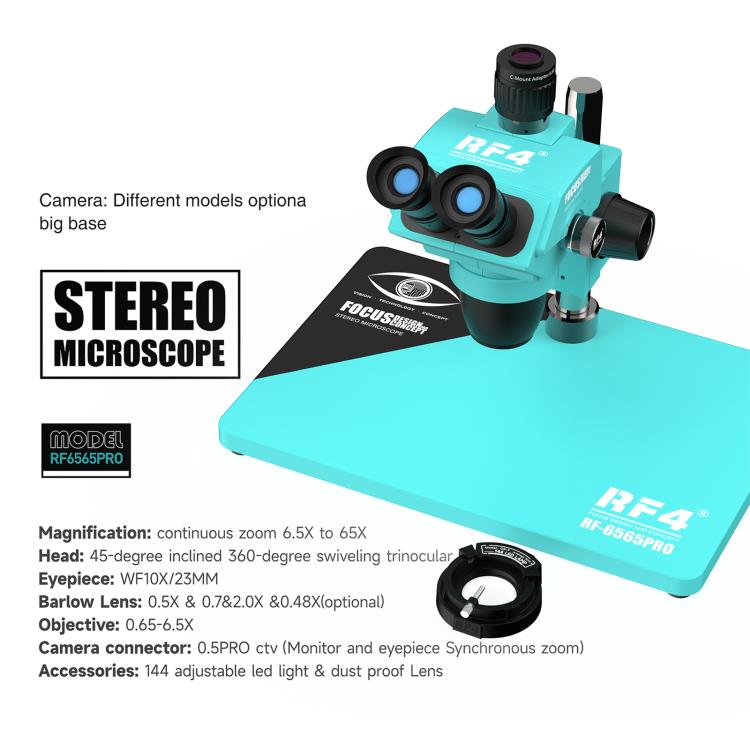 RF4 RF-6565Pro 6.5-65X Synchronous Zoom Trinocular Stereo Microscope with Aluminum Alloy Base, RF-6565Pro