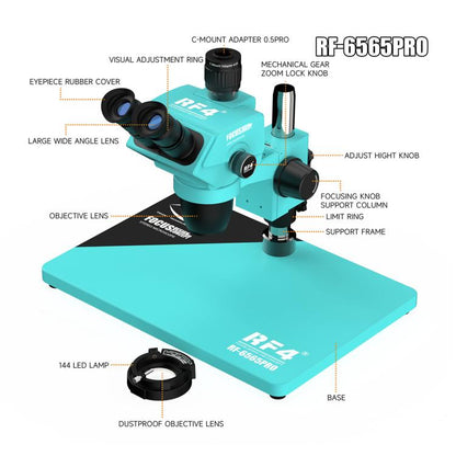 RF4 RF-6565Pro 6.5-65X Synchronous Zoom Trinocular Stereo Microscope with Aluminum Alloy Base, RF-6565Pro