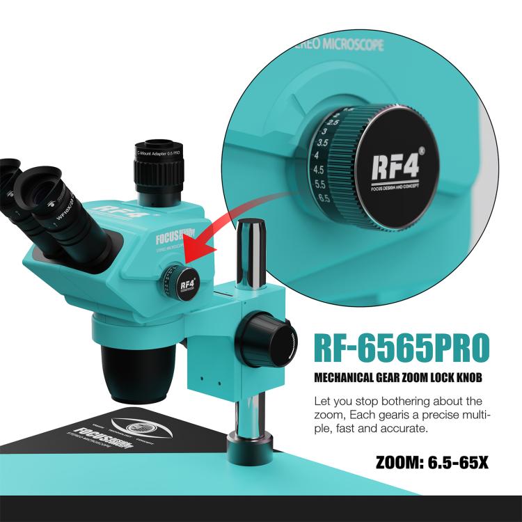 RF4 RF-6565Pro 6.5-65X Synchronous Zoom Trinocular Stereo Microscope with Aluminum Alloy Base, RF-6565Pro