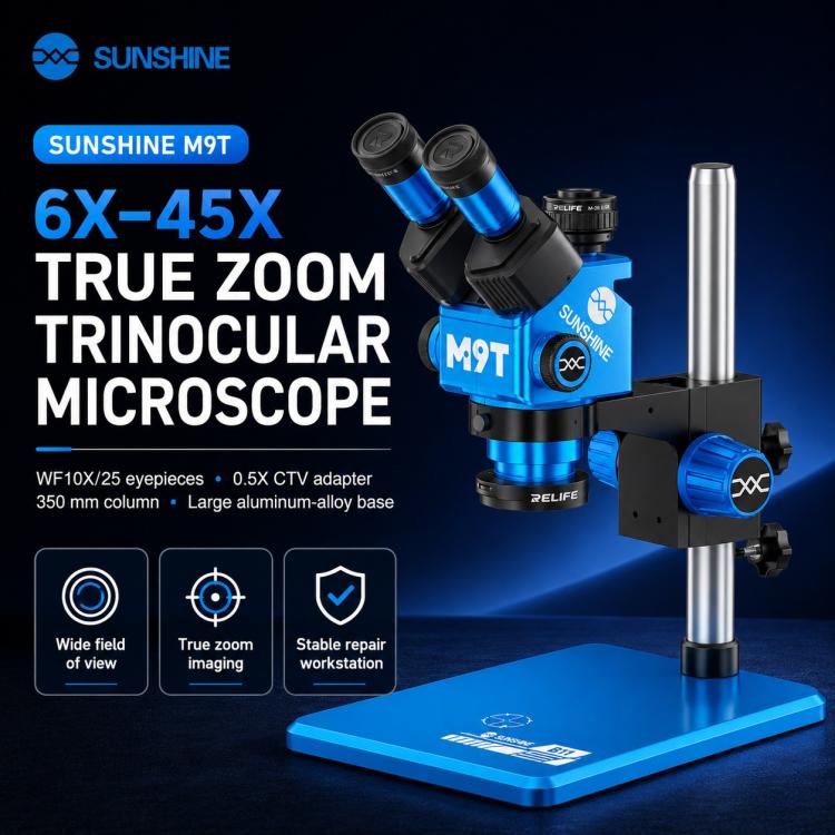 SUNSHINE M9T-B11 6X-45X Continuous Zoom Trinocular HD Stereo Microscope