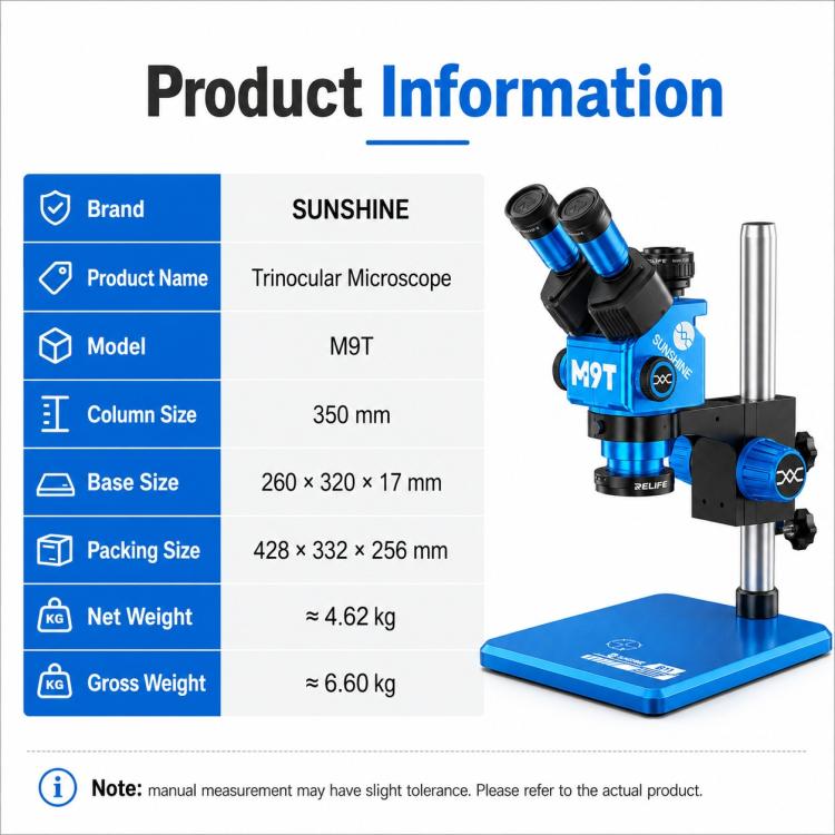 SUNSHINE M9T-B11 6X-45X Continuous Zoom Trinocular HD Stereo Microscope