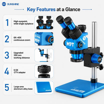 SUNSHINE M9T-B11 6X-45X Continuous Zoom Trinocular HD Stereo Microscope