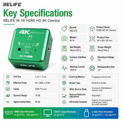 RELIFE M-16 HD 4K 30fps Industrial Grade Electronic Microscope Camera, RELIFE M-16 EU Plug, RELIFE M-16 US Plug