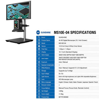 SUNSHINE MS10E-04 4K HD Digital Microscope with Metal Stand Base & 10-inch Large Display, EU Plug, UK Plug