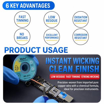 MaAnt 1.5m Low Residue No-clean Solder Wick, MY-1015, MY-1515, MY-2015, MY-2515, MY-3015, MY-3515