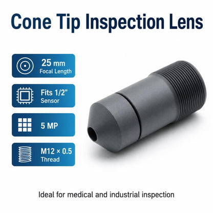 25mm Pointed Cone Lens, M12 Interface, 5MP Industrial Machine Vision Lens for 1/2 Inch Sensor, Long Distance Imaging, 25mm Pointed Cone Lens