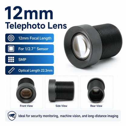 12mm Telephoto Surveillance Lens, 5MP HD Low Distortion Infrared Sensitive Lens for 1/2.7 Inch Sensor, 12mm Telephoto Surveillance Lens