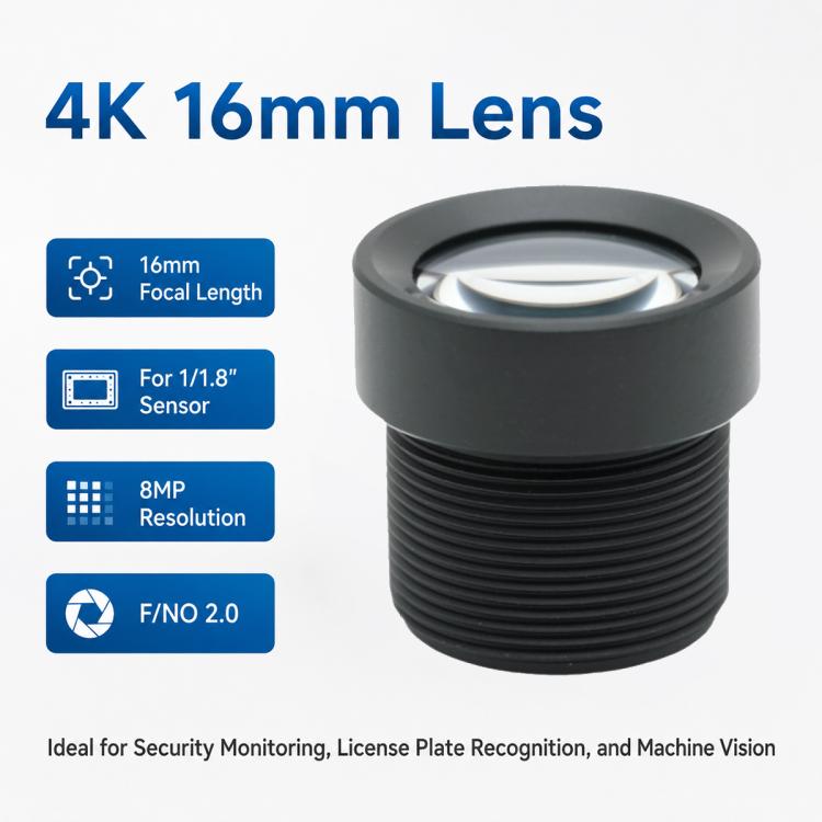 16mm Telephoto 8MP HD Lens for 1/1.8 Inch Sensor, Security Surveillance, License Plate Recognition and Machine Vision, 16mm Telephoto 8MP HD Lens