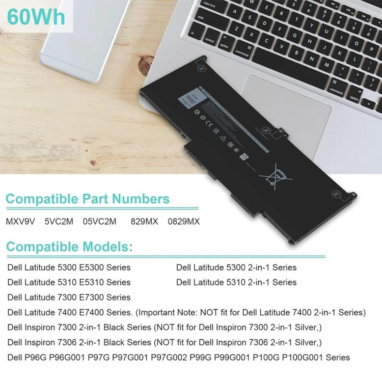 7600mAh Laptop Battery For Dell Latitude 5300 5310 7300 7400
