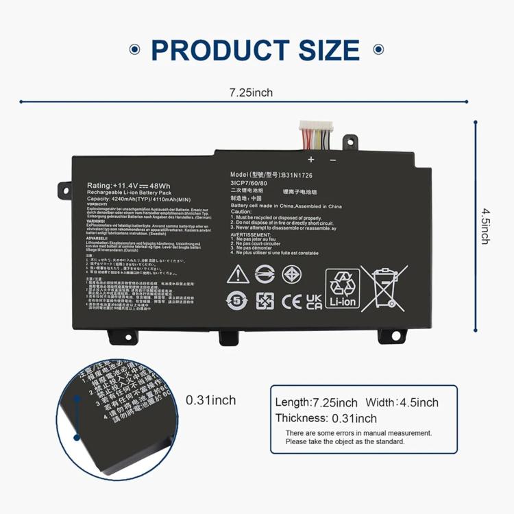 3600mAh Laptop Battery Replacement For ASUS TUF Gaming 5th/6th/7th/8th Generation FX80G FX86F/G, B31N1726