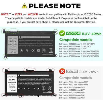 3600mAh Laptop Battery Replacement For Dell Inspiron 14 7460 15 7560, WDX0R