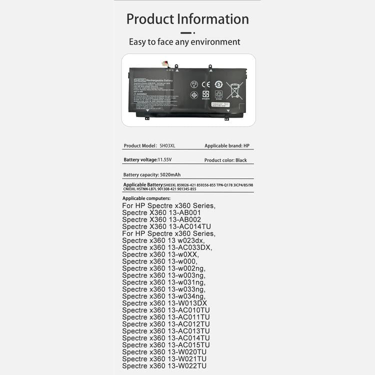 5020mAh Laptop Battery Replacement For HP Spectre x360 TPN-Q178, SH03XL