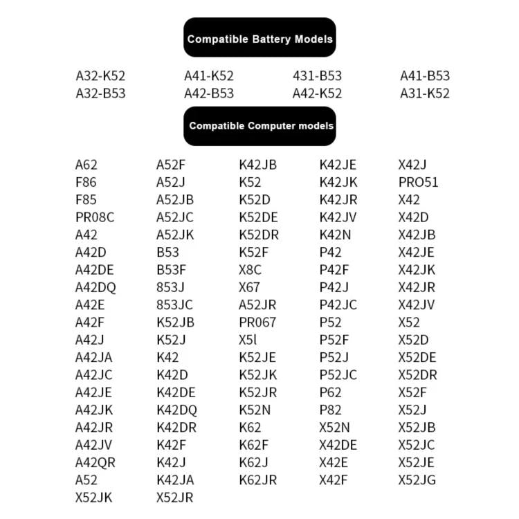 4400mAh Laptop Battery For Asus A42 A52 A62 B53 K42 K52 K62, A32-K52