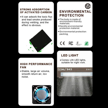 Baku BA-943 Soldering Fume Purifier with LED Light 30W Soldering Iron Welding Fume Exhauster, US Plug 110V, EU Plug 220V