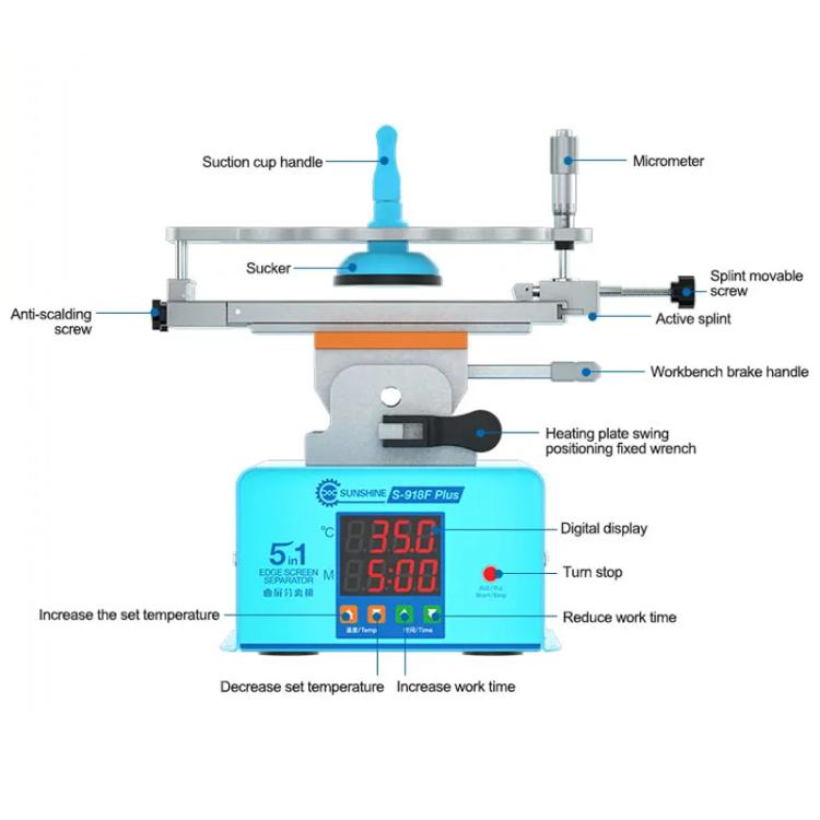 SUNSHINE S-918F Plus 5 In 1 Curved Screen Separator Mobile Phone LCD Screen Repair Separator Heating Platform, S-918F Plus