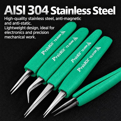 Anti-Static Non-Slip Soft Grip Stainless Steel Tweezers, ProsKit TZ-202N, ProsKit TZ-204N, ProsKit TZ-212N