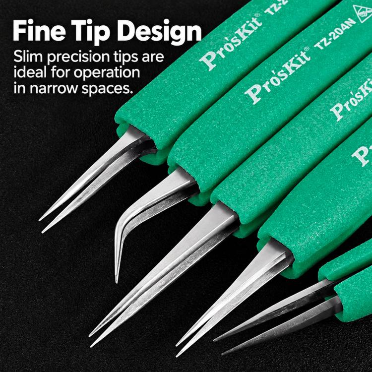 Anti-Static Non-Slip Soft Grip Stainless Steel Tweezers, ProsKit TZ-202N, ProsKit TZ-204N, ProsKit TZ-212N