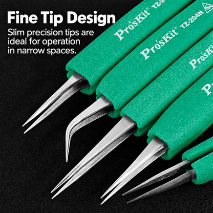 Anti-Static Non-Slip Soft Grip Stainless Steel Tweezers, ProsKit TZ-202N, ProsKit TZ-204N, ProsKit TZ-212N