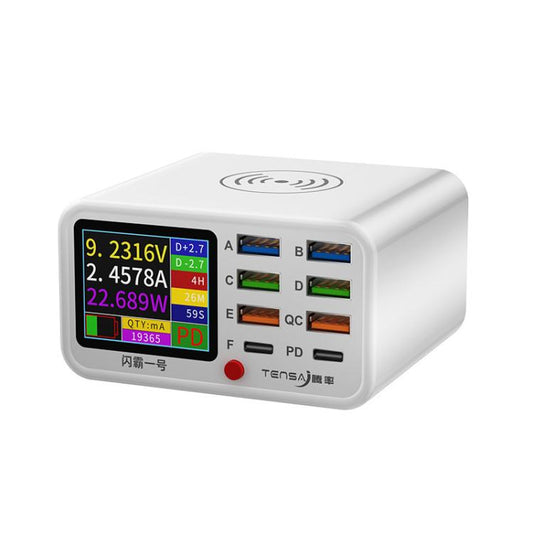 TENSAI 65W 8-Port USB Charging Station With 1.8-Inch LCD Display & 15W Wireless Charger