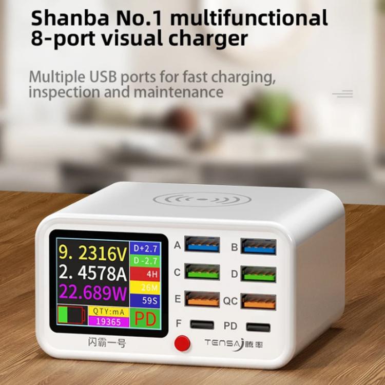 TENSAI 65W 8-Port USB Charging Station With 1.8-Inch LCD Display & 15W Wireless Charger