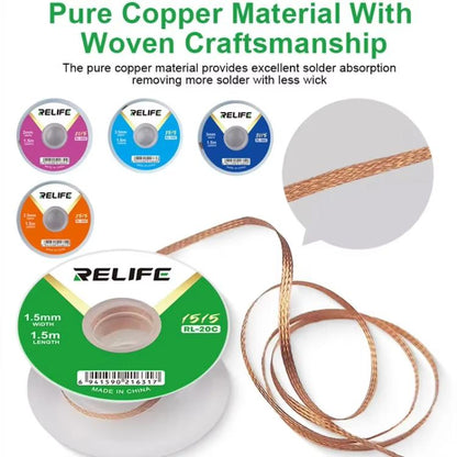 RELIFE RL-20C PCB Solder Cleaning Corrosion-Resistant Solder Removal Tape, 1.5mm x 1.5m, 2mm x 1.5m, 2.5mm x 1.5m, 3mm x 1.5m, 3.5mm x 1.5m
