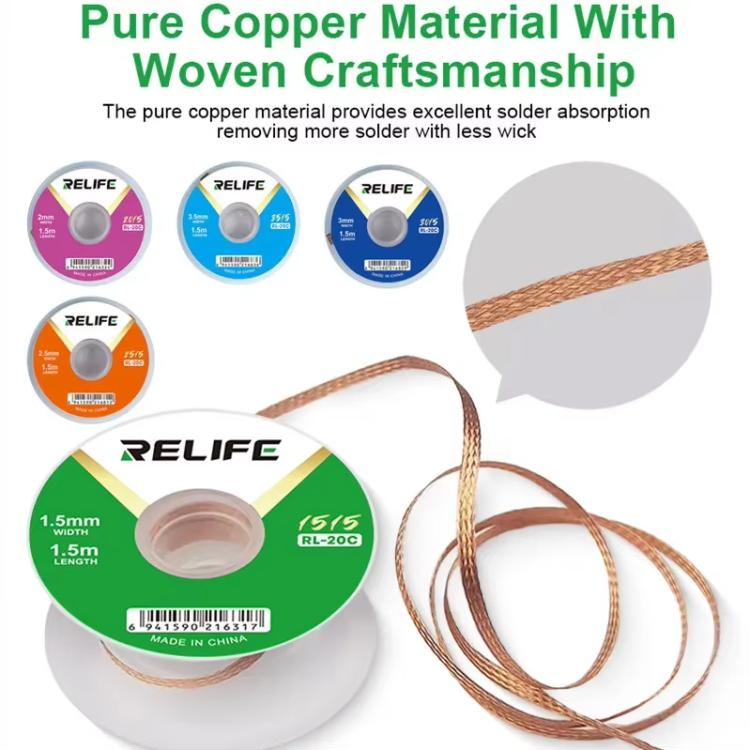 RELIFE RL-20C PCB Solder Cleaning Corrosion-Resistant Solder Removal Tape, 2mm x 1.5m, 2.5mm x 1.5m, 3mm x 1.5m, 3.5mm x 1.5m